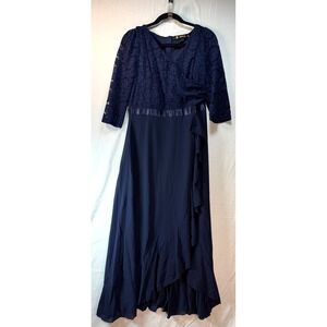 Mother of bride/groom Navy Blue Lace V-Neck Ruffle High Low‎ Evening Gown Sz L